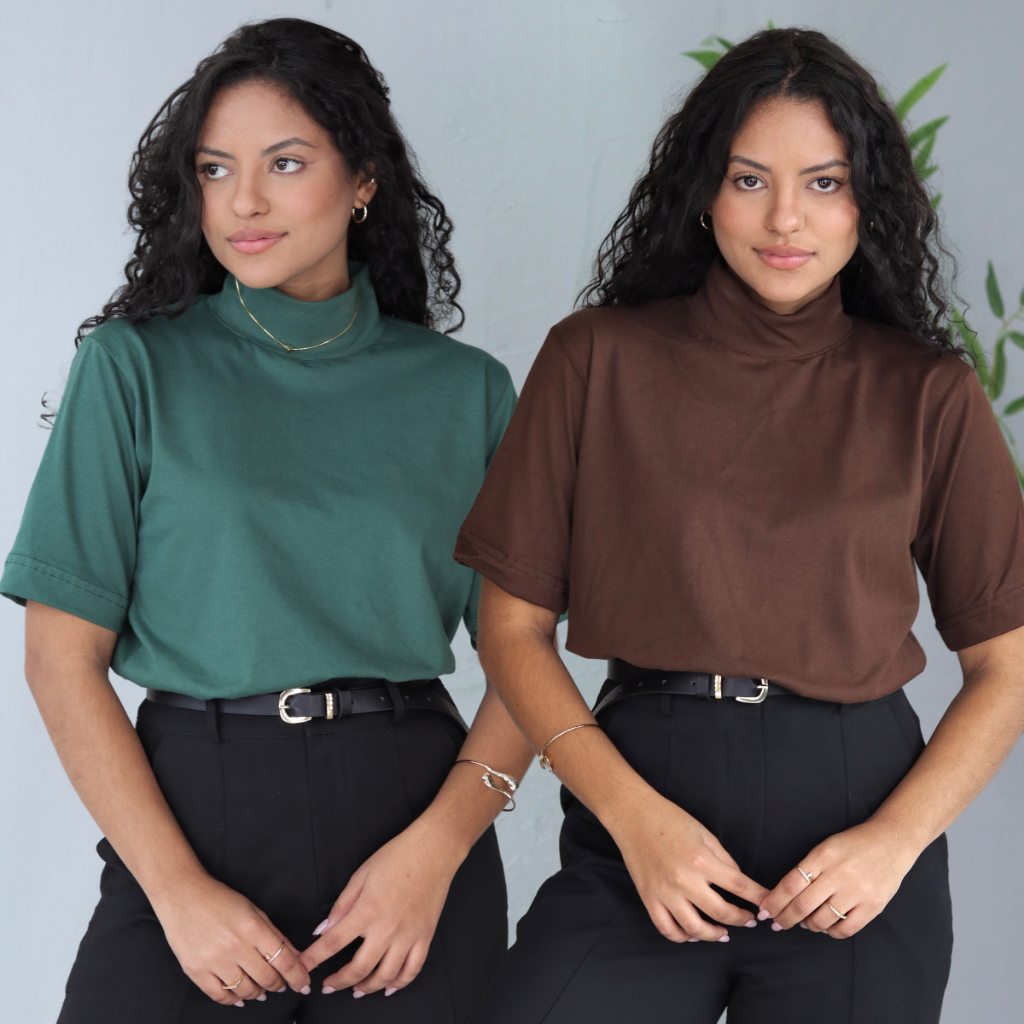 Kit 2 T-Shirt Feminina Camiseta Gola Alta Manga 3/4 Algodão 100% Lisa Básica