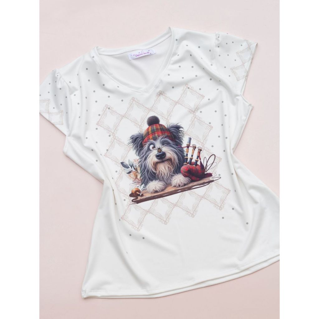 Camiseta Tshirt Básica Blusa Casual Cachorro Dog Pet Escocês Cinza Gaita de Fole Poliéster Elastano