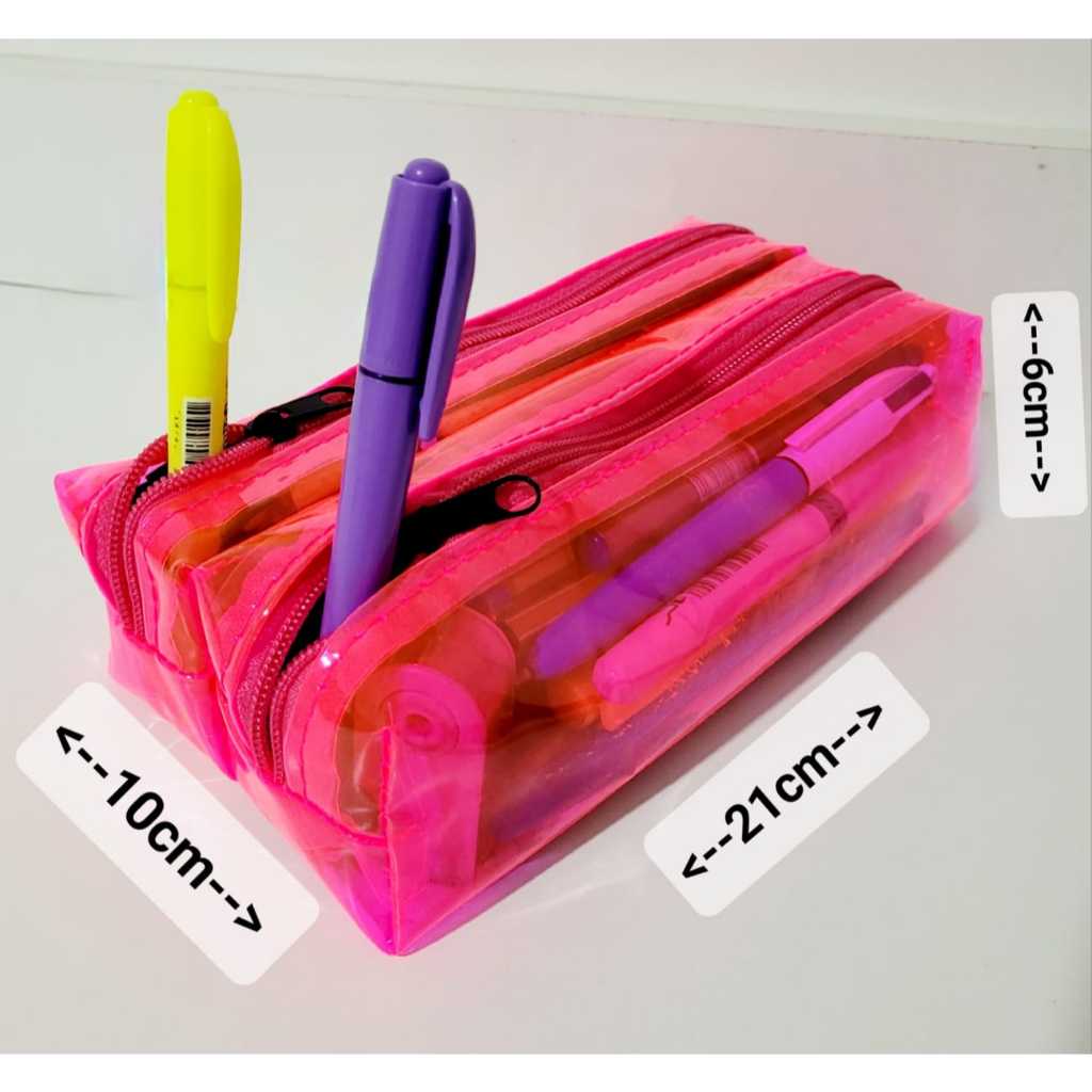 ESTOJO TRANSPARENTE CRISTAL ROSA NEON COM 2 REPARTIÇÕES ESCOLAR PORTA PINCEIS, MAQUIAGEM, ESMALTES