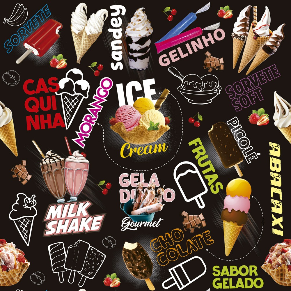 Papel de Parede Adesivo Lavável Sorvete Picolé Sandey Casquinha Decoração Sorveteria Recepção Balcão