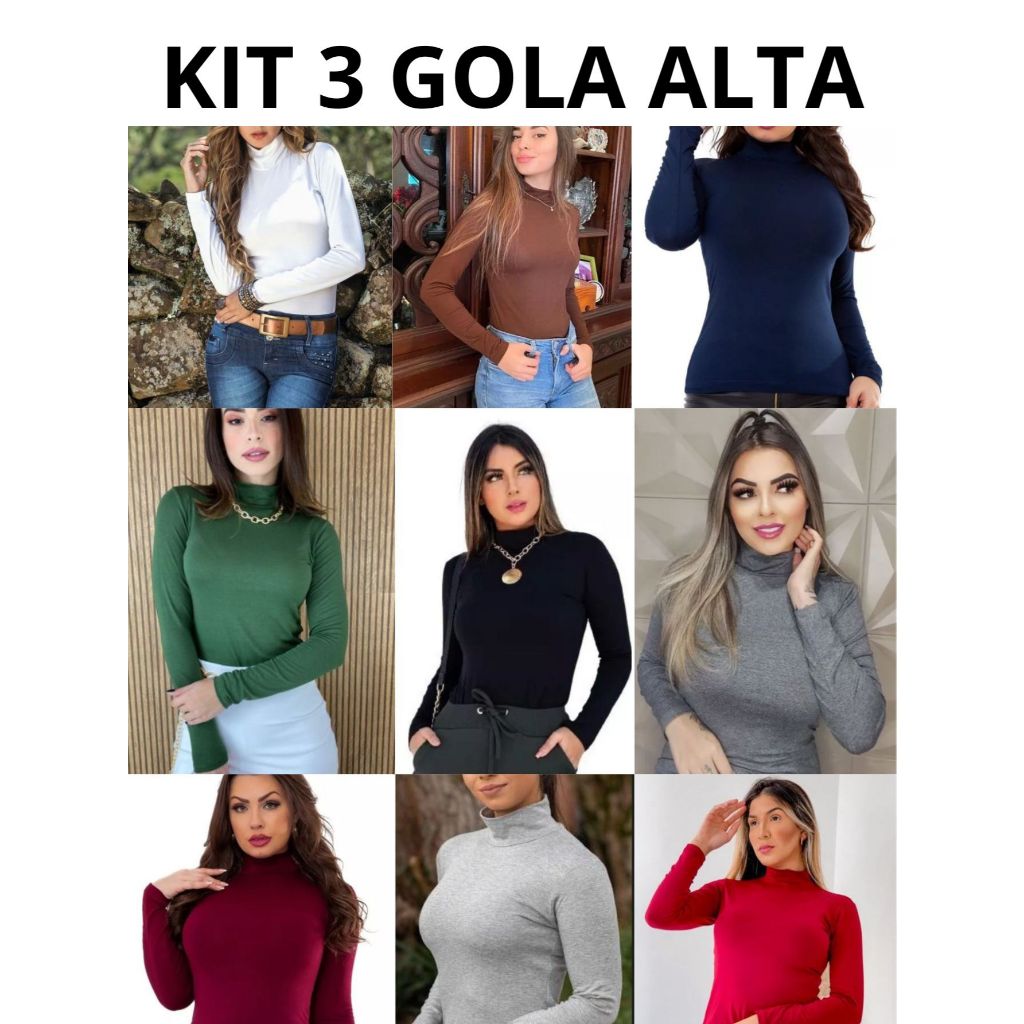 kIT 3 BLUSAS FEMININA MANGA LONGA CACHARREL GOLA ALTA SEGUNDA PELE VISCOLYCRA em Oferta na Shopee