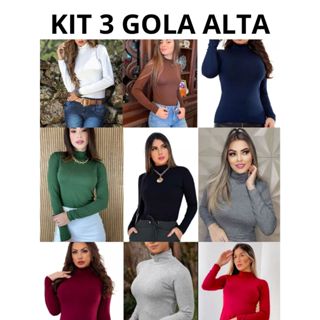 kIT 3 BLUSAS FEMININA MANGA LONGA CACHARREL GOLA ALTA SEGUNDA PELE VISCOLYCRA em Oferta na Shopee