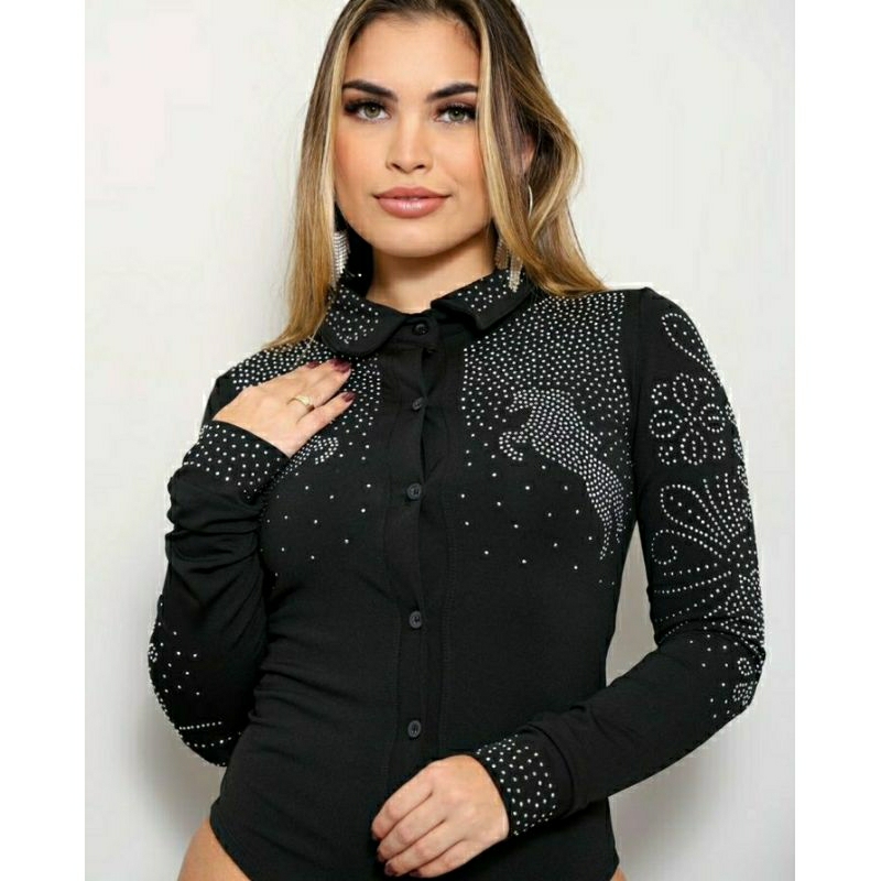 Boddy Feminino, Camisa Mangá longa, Pedraria.