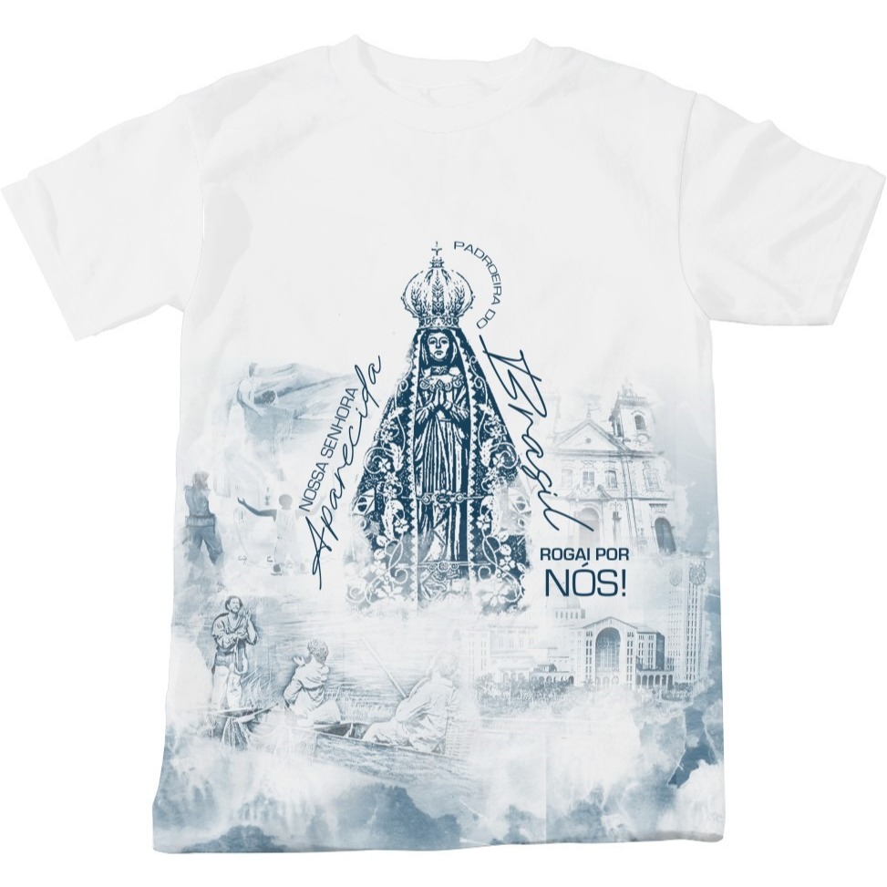 Camiseta Católica Religiosa Rogai por nós - Nossa Senhora Aparecida - Padroeira do Brasil - modelo 2