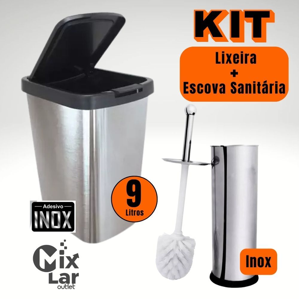 Kit Lixeira 9 Litros e Escova Sanitária Inox Multiuso Casa Banheiro Cozinha em Oferta na Shopee