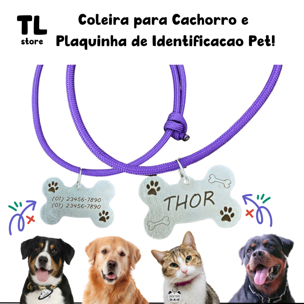 Coleira para Cachorro e Plaquinha de Identficação Pet Regulavel shitzu Pug