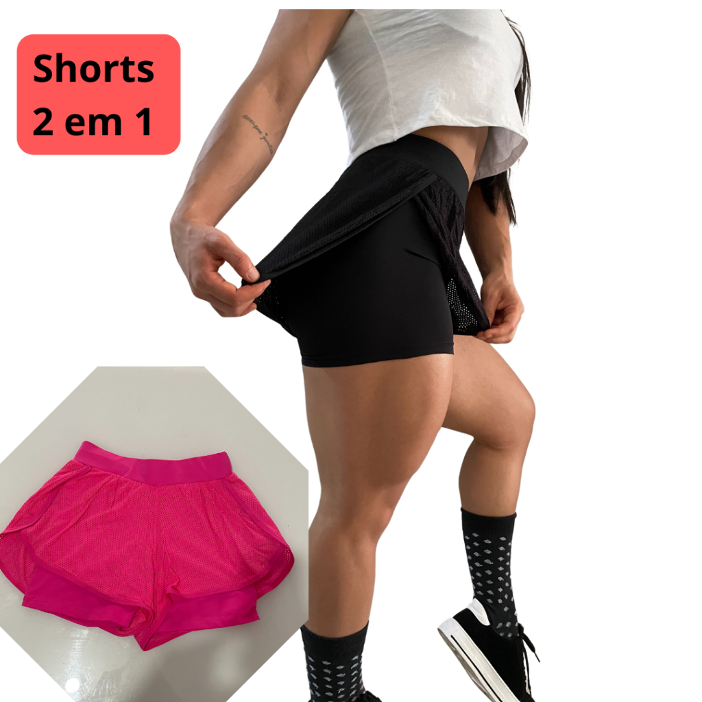 Shorts 2 em 1 Sobreposto Bermuda Academia Caminhada Zero Transparência Treino Ginástica