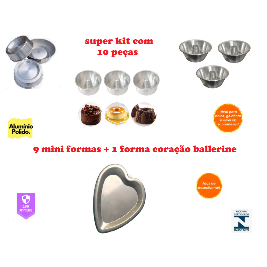 Kit 10 peças Com 9 Mini Formas Pudim Mini Bolo Suíço Ballerine Vulcão Mini + 1 Coração Ballerine