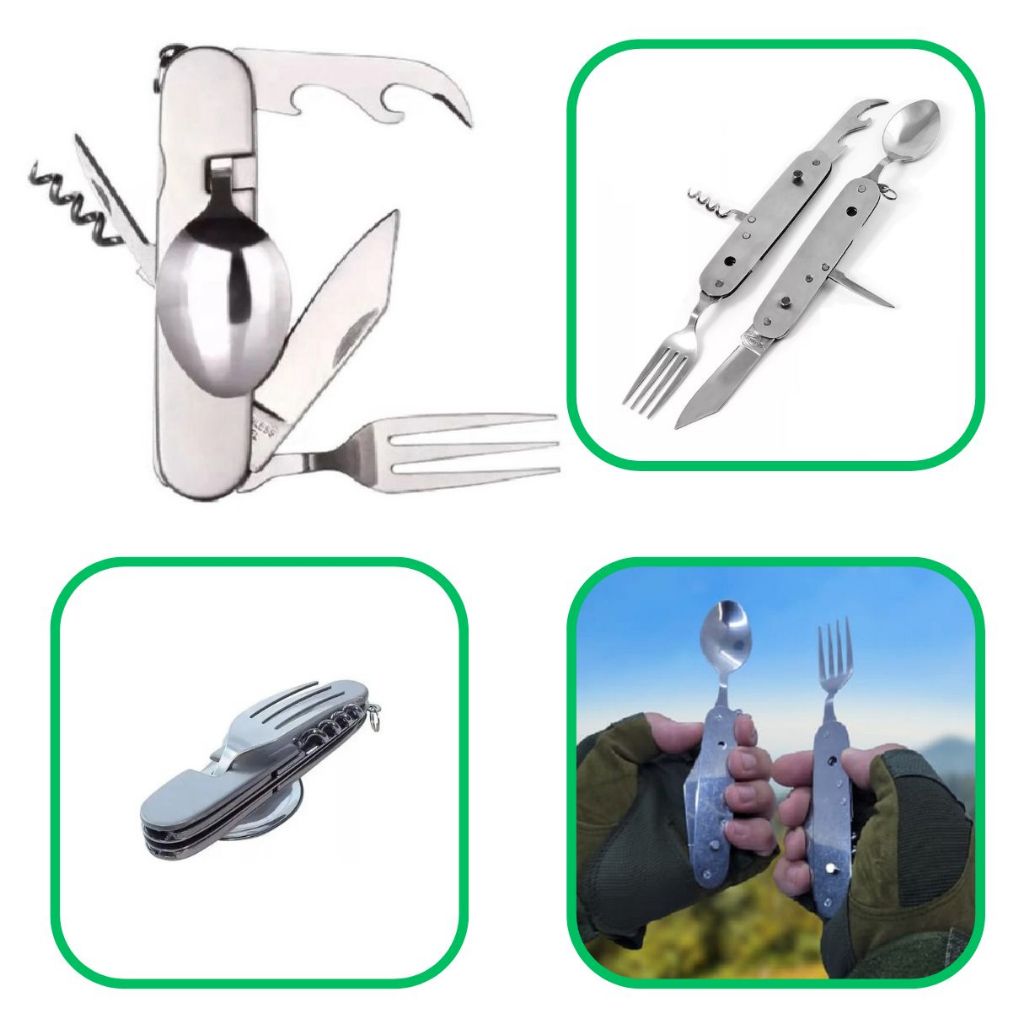 Canivete Talher Inox Multi função Camping Faca Garfo 7 em 1