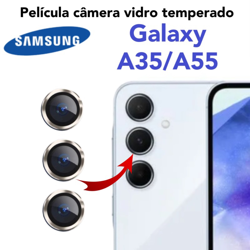 Kit 3 peças De Câmera Para Samsung Galaxy A35/A55 Protetor De Lente do celular Vidro Temperado Com Anel De Metal firme câmeras