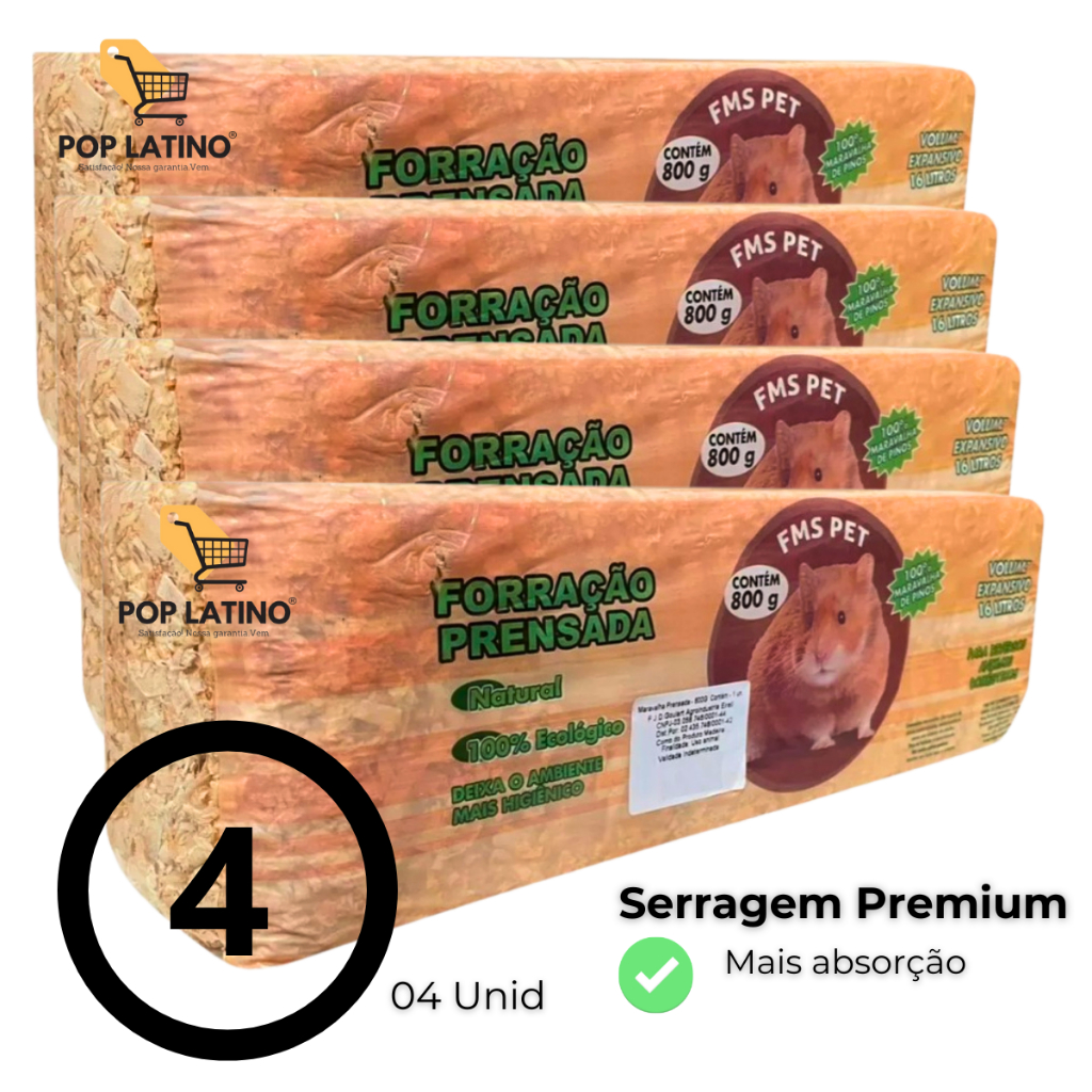 kit 04 barras de Serragem Prensada 800g Pet Forração para Hamster, Coelho, Pássaros, Porquinho da Índia, Chinchila