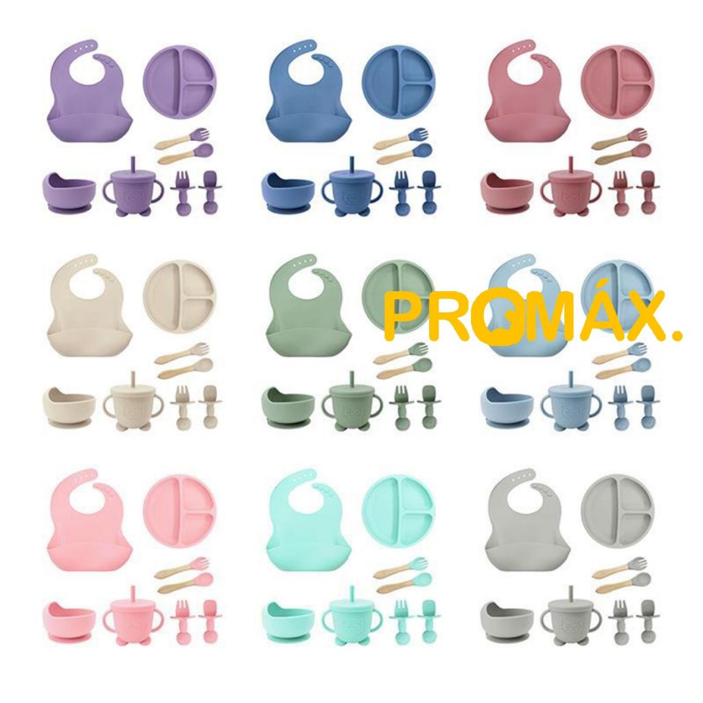 Talheres bebê silicone 8 Peças kit Talheres Infantil Com Ventosa Canudo Colher Babador Garfo