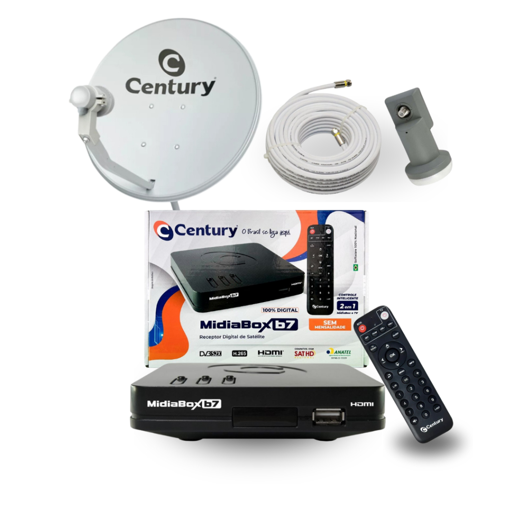 Kit Antena Parabólica Completo Com Receptor Digital Century MidiaBox B7 Lnbf e Cabo 15Metros