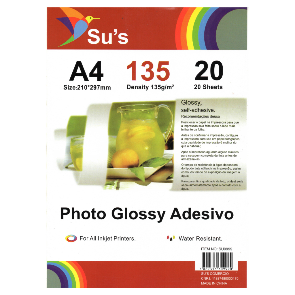 Papel Fotográfico Adesivo Su's A4 Glossy 135g Pacote em Oferta na Shopee