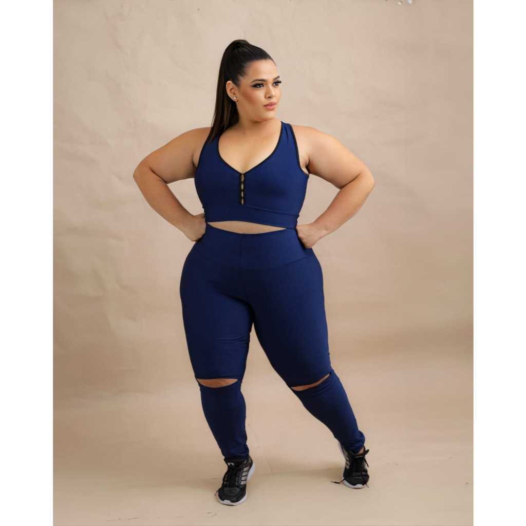 Roupa De Academia Plus Size Legging + Top Detalhe Recorte No Joelho