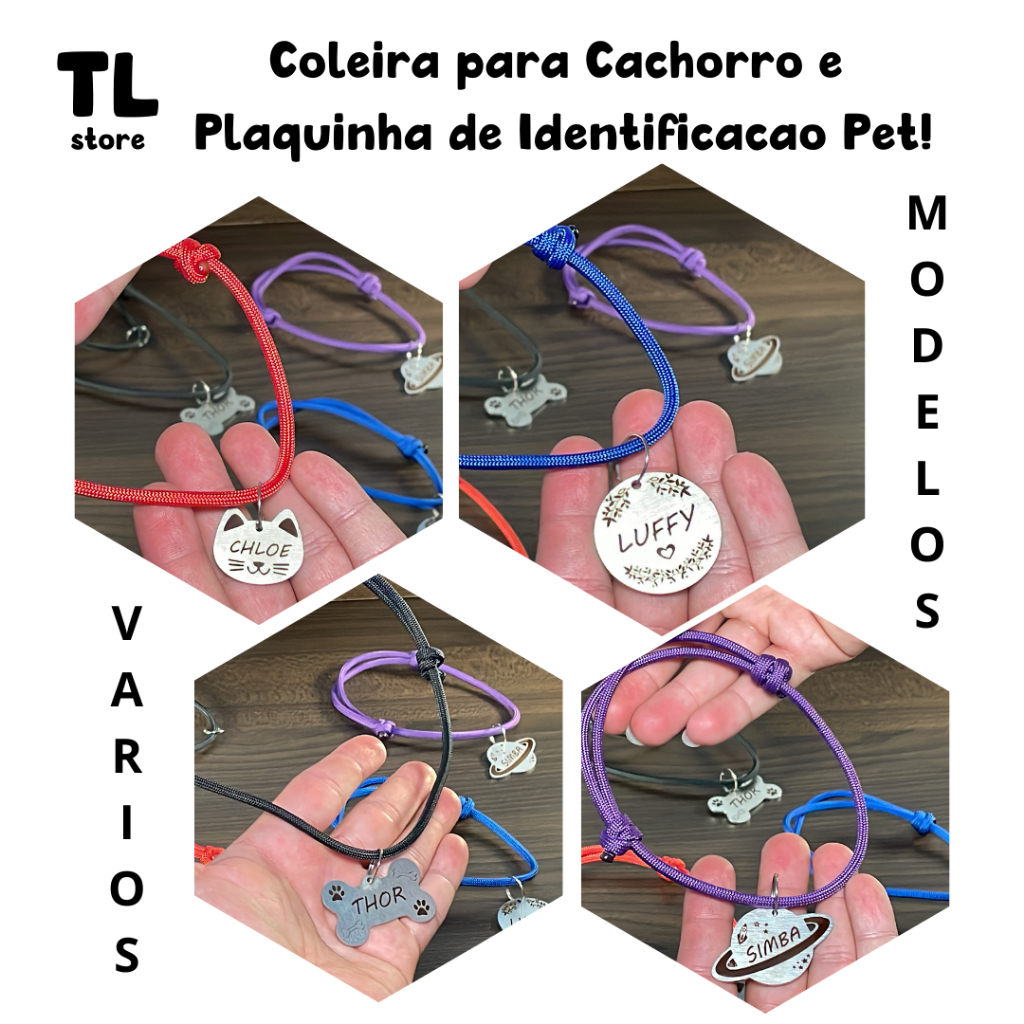 Placa de Identificação Pet + Coleira para Cachorro shitzu Pug Varios Modelo Regulável