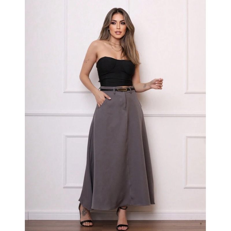 Saia Longa Rodada Feminina Alfaiataria Moda Evangélica Casual Básica Inverno Cintura Alta Elegante Tendência