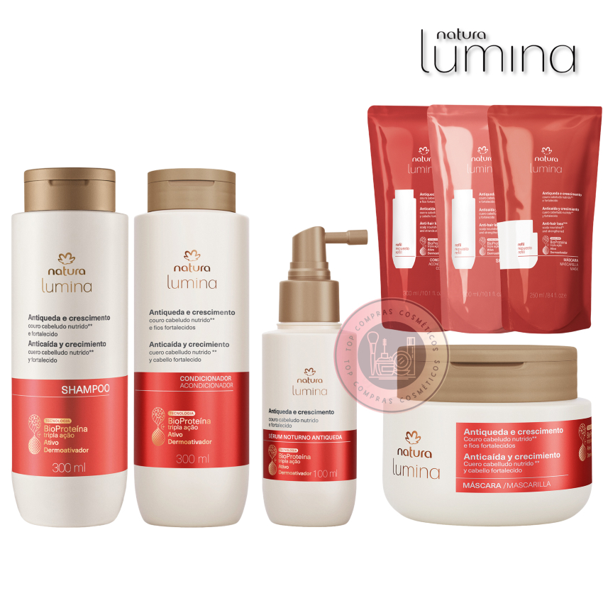 Linha Lumina Antiqueda e Crescimento Natura: Shampoo Estimulante, Condicionador Fortificante, Sérum Noturno e Máscara