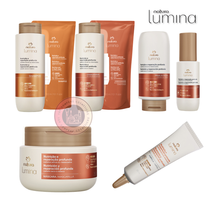 Linha Cabelos Secos Lumina Natura: Shampoo, Condicionador, Máscara, Creme de Pentear, Ampola Reparação e Óleo Reparador