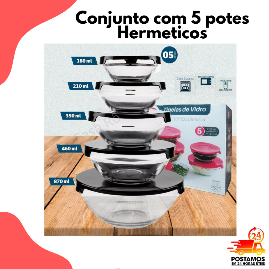 Conjunto Jogo Kit  Potes Tigela Hermetico de Vidro com Tampa Marmita 5 Peças Porta Mantimentos Doces Papinhas