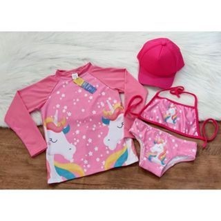 Biquini infantil + Camisa UV + Boné - Proteção Solar UV 50 - Conjunto UV para meninas Unicórnio - Praia