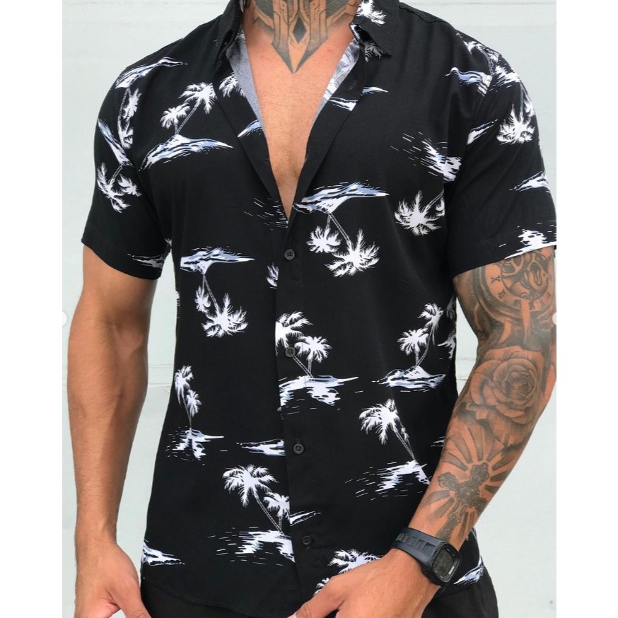 Camisa Social Masculina Floral Slim Fit Verão 100% Viscose – Estampa Tropical Leve