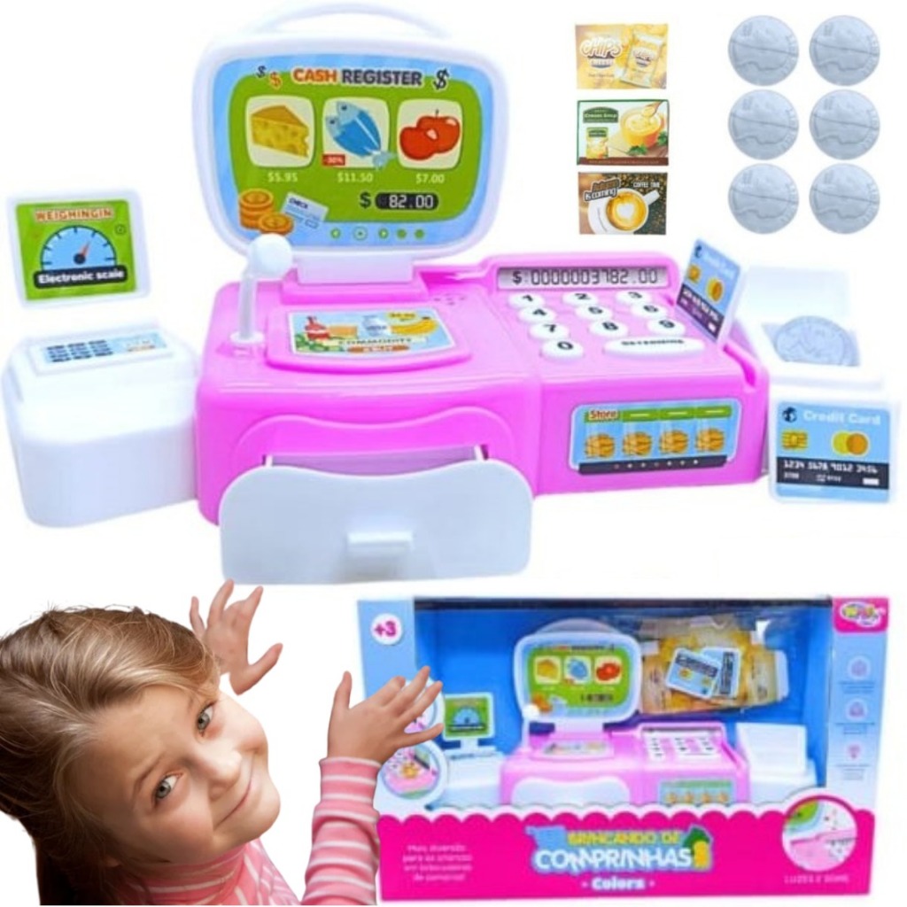 Mini Caixa Registradora COM GAVETA E BALANÇA Infantil Som Luzes MERCADO ACESSORIOS COMPRAS EDUCATIVO