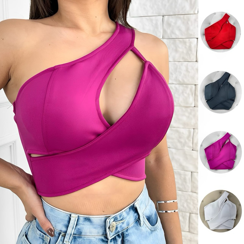 Cropped Top Feminino Nula Manga Cruzado Bojo Neoprene Verao Modinha em Oferta na Shopee
