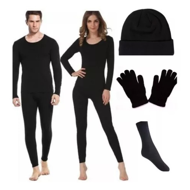 Conjunto térmico segunda pele neve Flanelado touca luva meia Frio Intenso Preto pijama longo peluciado feminino ou masculino proteção frio uv