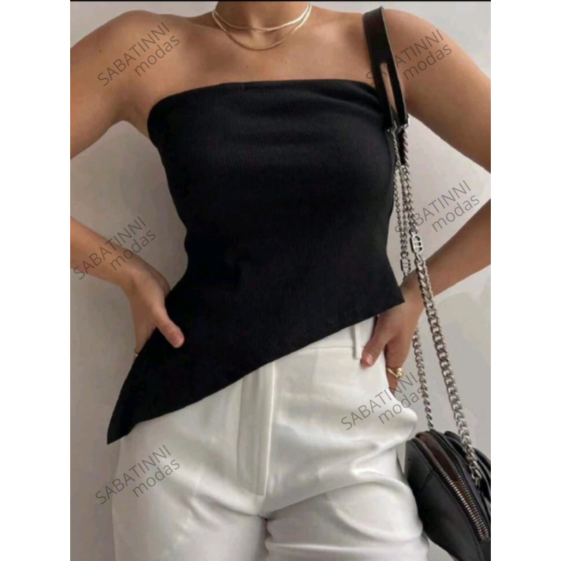 Tomara que Caia  Com Bojo Assimetrica Blusa Feminina Tomara que Caia de Bico Tecido Canelado