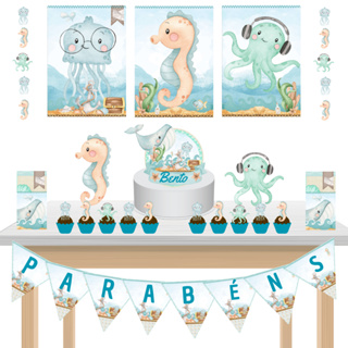 Kit Festa Fácil Kit Só Um Bolinho Tema Fundo do Mar Verde Aquarela Oceano Mêsversário Aniversário em Oferta na Shopee