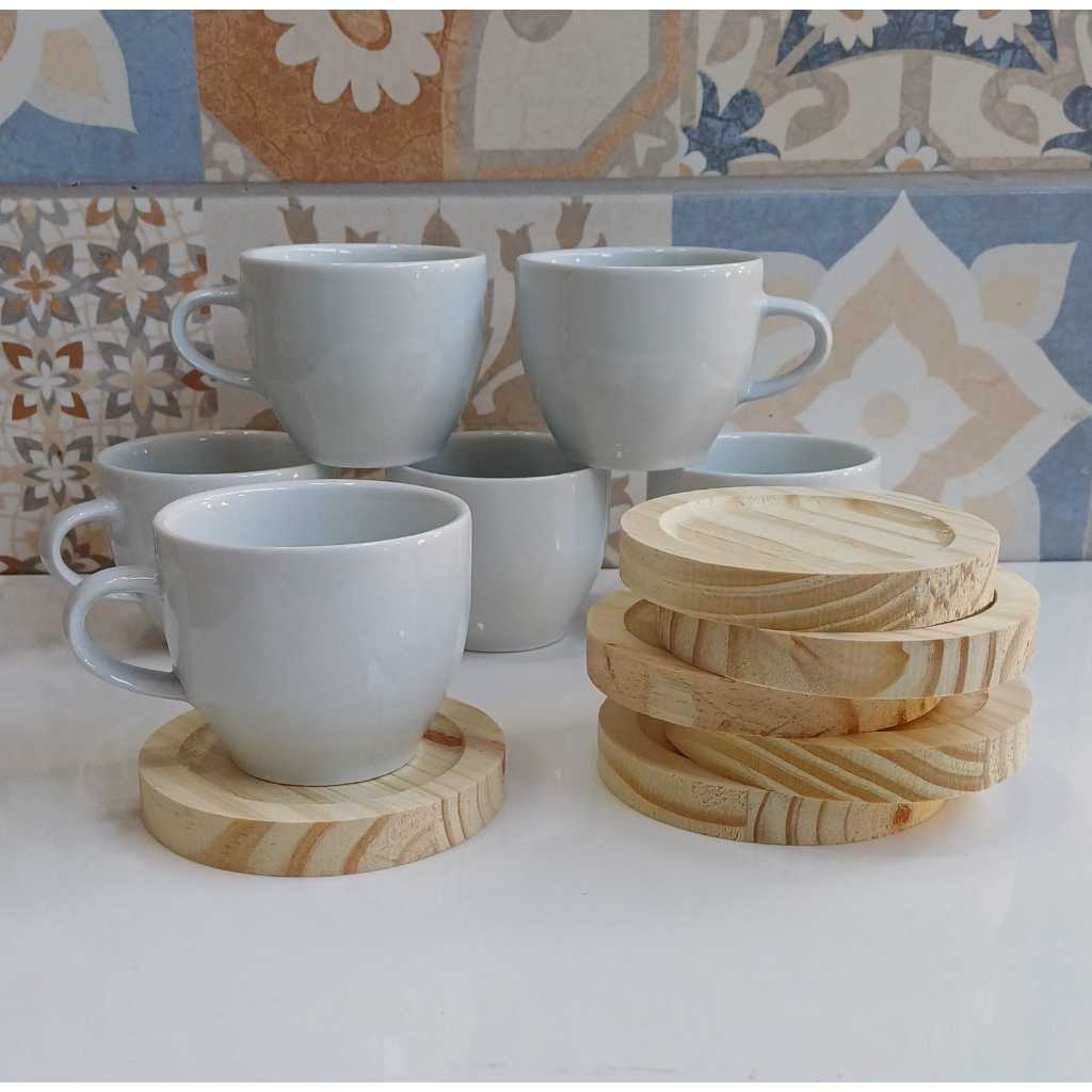 Jogo 6 Xicara Branca Porcelana 170ml Com Pires Madeira para Café Cha Chocolate Quente