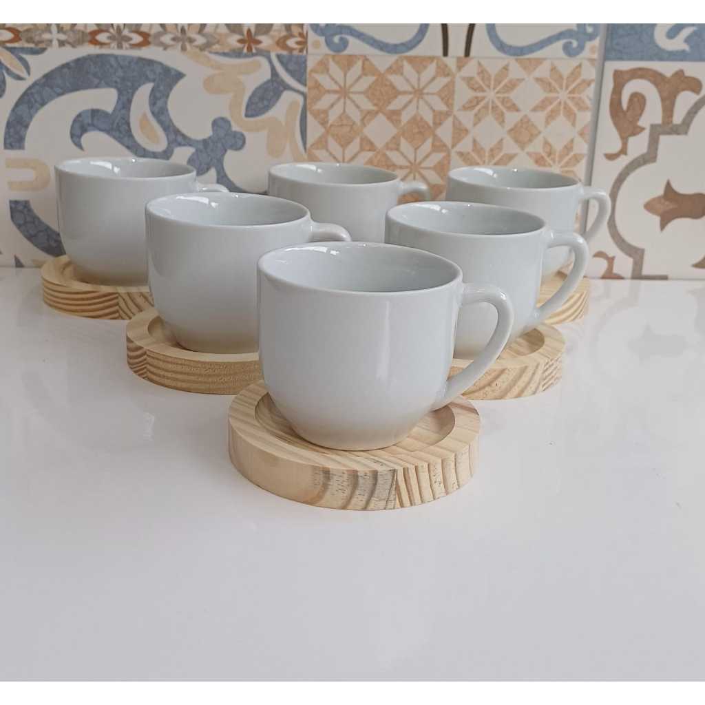 Jogo 10 Xicara Branca Porcelana 170ml Com Pires Madeira para Cafe Cha Chocolate Quente