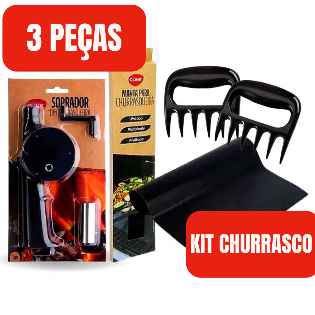 Kit Churrasco 3 peças Soprador Churrasqueira 2 Garra de Urso Manta para Grelha para Churrasqueira