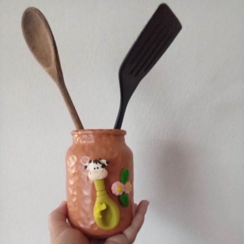 pote porta colher de pau/ talher escumadeira decorada com biscuit