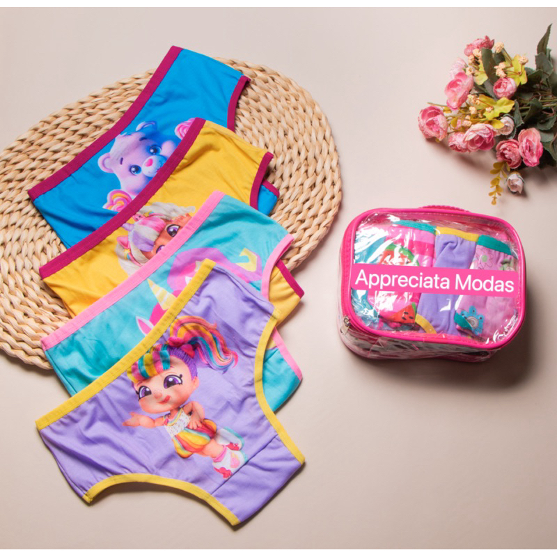 calcinha infantil algodão estampada kit 4 unidades em Oferta na Shopee