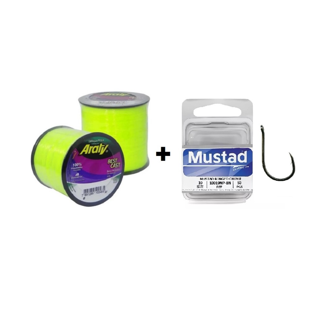 LINHA DE PESCA ARATY BEST CAST + ANZOL MUSTAD CHINU RING 50 PCS