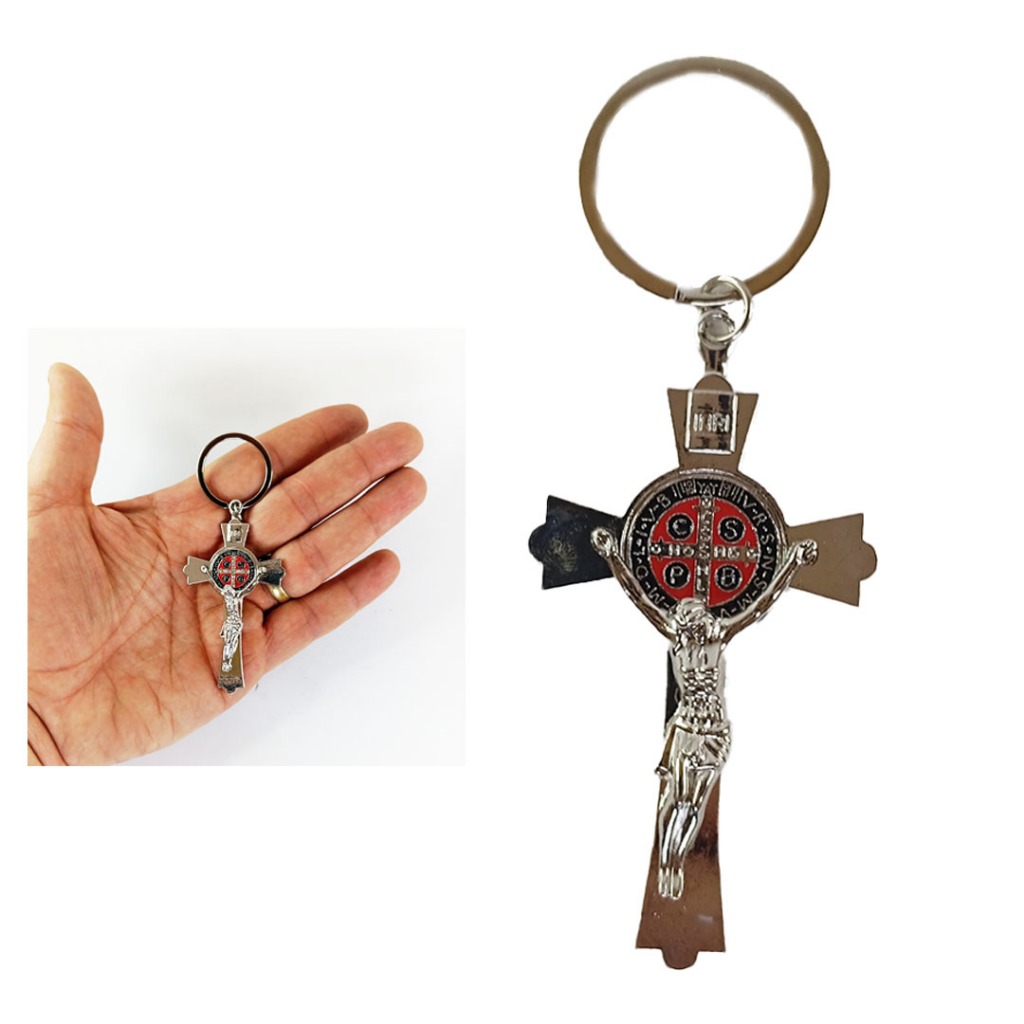 Chaveiro Metal Crucifixo Chave São Bento Prata