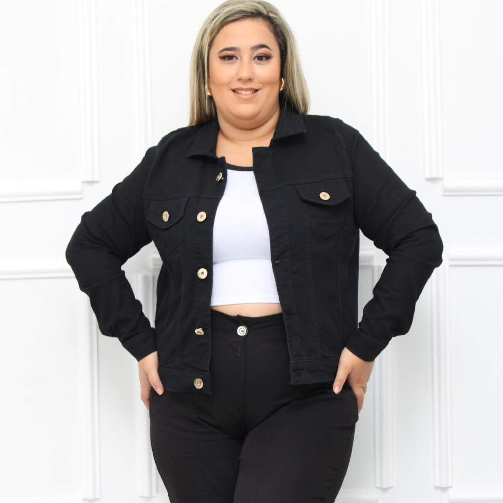 Jaqueta Jeans preto casaco Feminina  plus silze manga comprido 40040