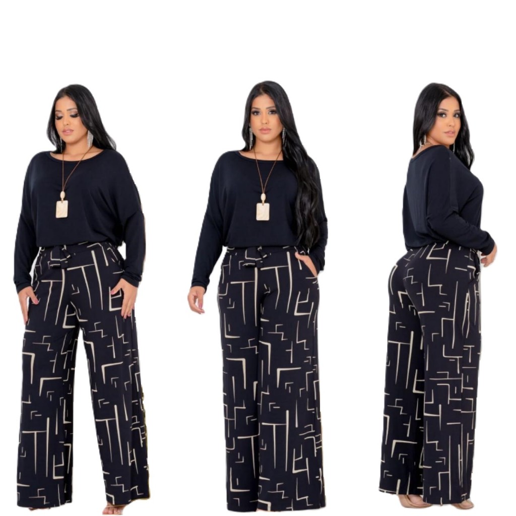Calça Pantalona Feminina Cintura Alta Com Elástico Estampada em Oferta na Shopee
