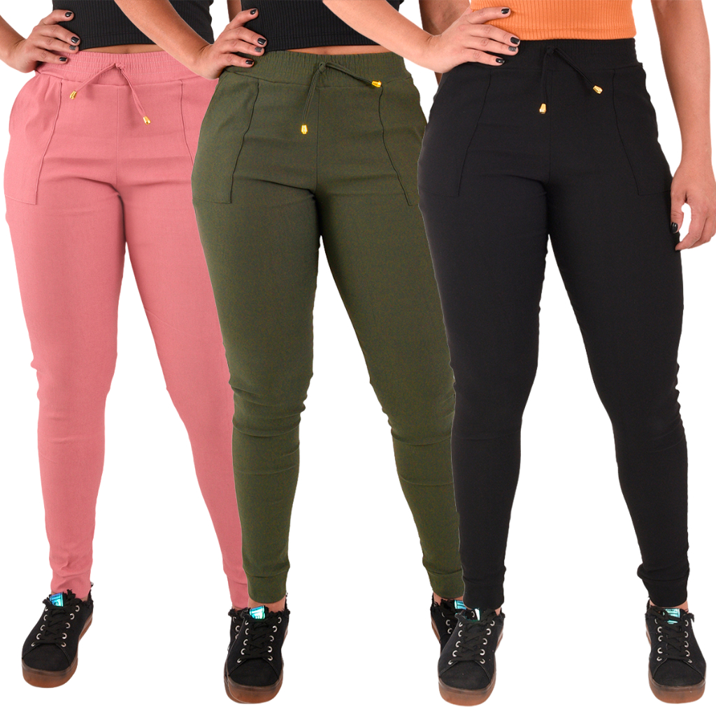 kit 3 Calças Feminina Jogger Slim Elastano Cintura Alta em Oferta na Shopee