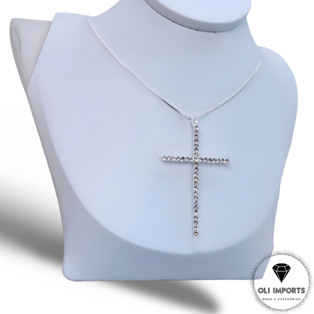 Colar Feminino Gargantilha Pingente Cruz Crucifixo Cravejado Com Zircônias Banhado A Prata 925