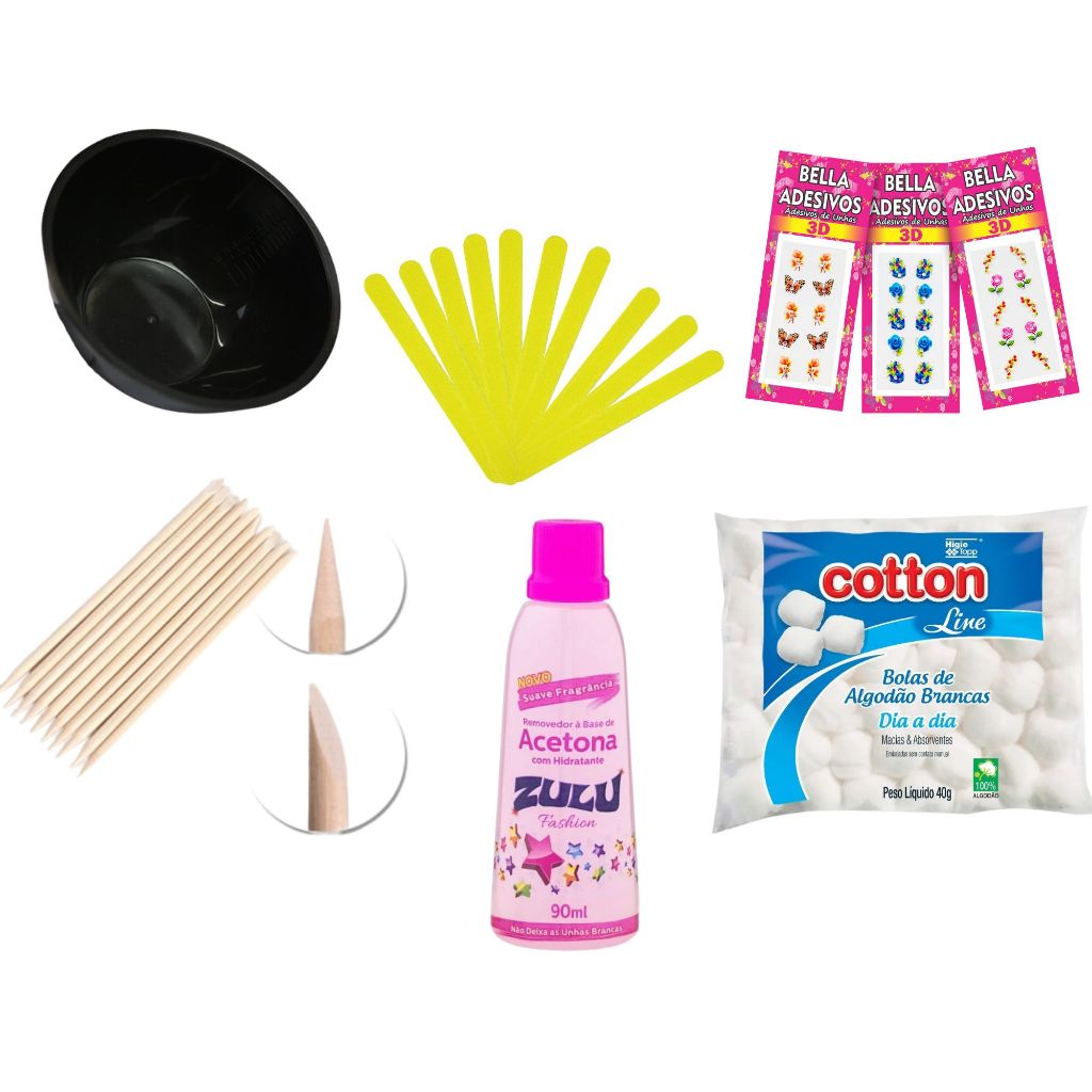 Tigela (manicure)+1 Acetona, 10Lixa ,3 cartela de adesivo,10 Palito +1 Algodão Cotton Bola 40g