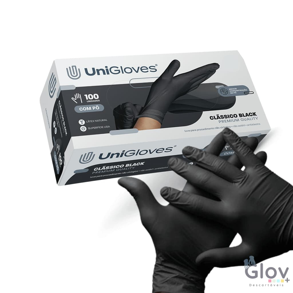 Luva Preta Latex Profissional UniGloves Com Pouco Pó Caixa 100 Unidades Tatoo/Barbearia