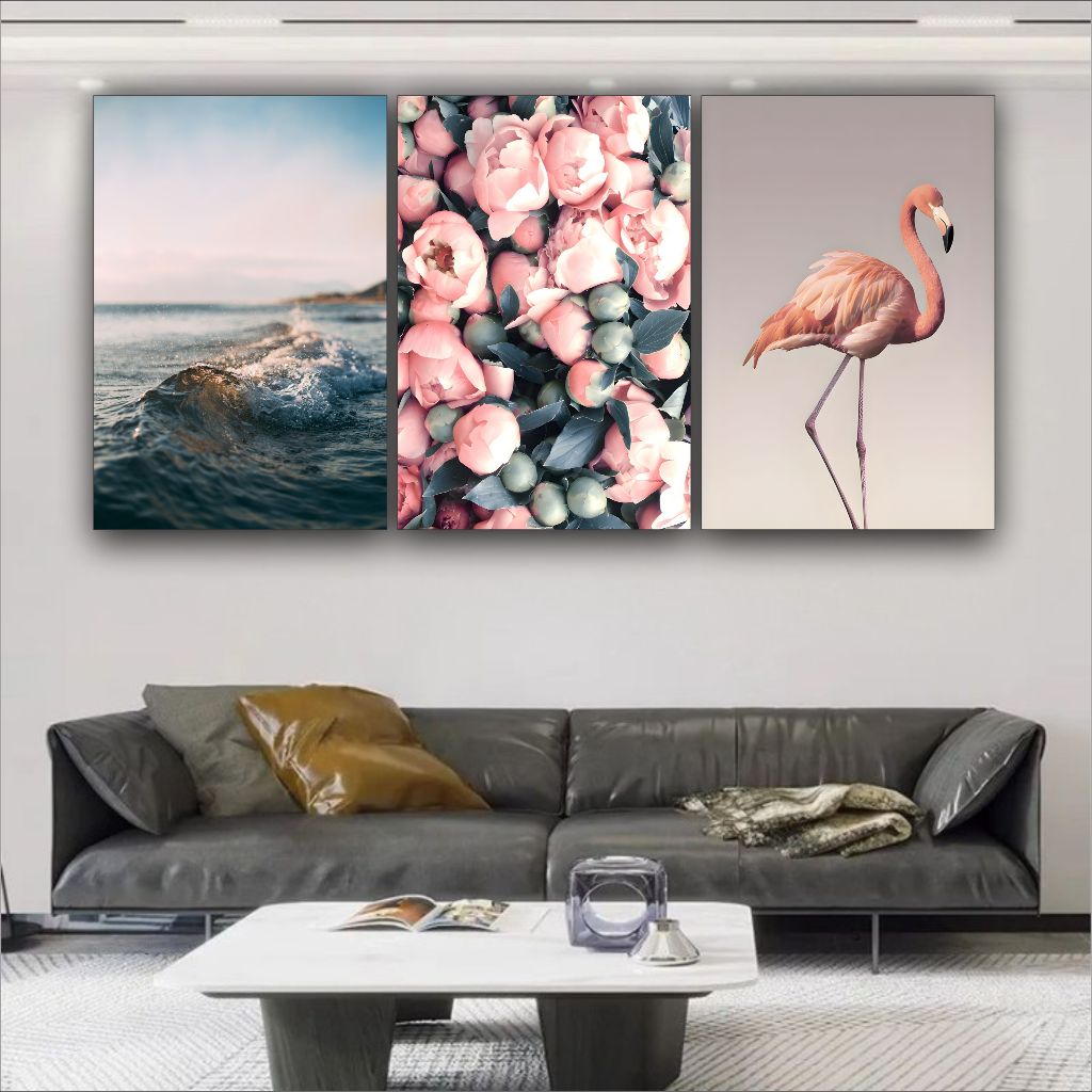 Quadro Decorativo Flamingo Rosa Flor Ondas do Mar Para Sala e Quarto