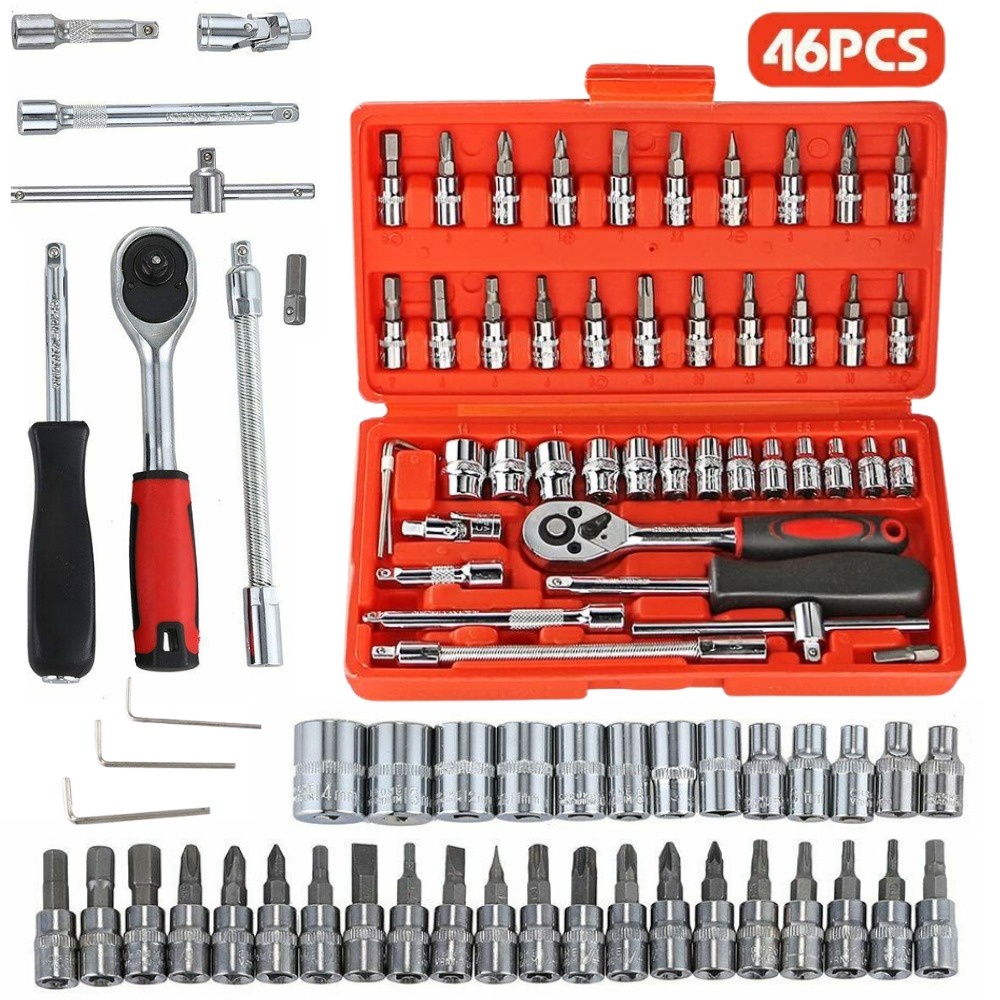 Kit De Ferramentas 46 Peças Jogo De Soquetes Chave Catraca Reversível Com Maleta Jogo De Ferramentas Completo