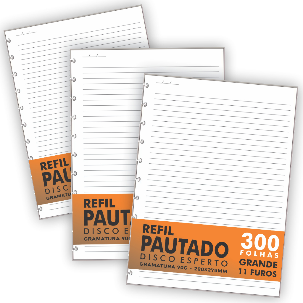Refil Genérico 300 Folhas Compatível Caderno de Discos / Inteligente Grande 11 Furos Pautado 90g em Oferta na Shopee