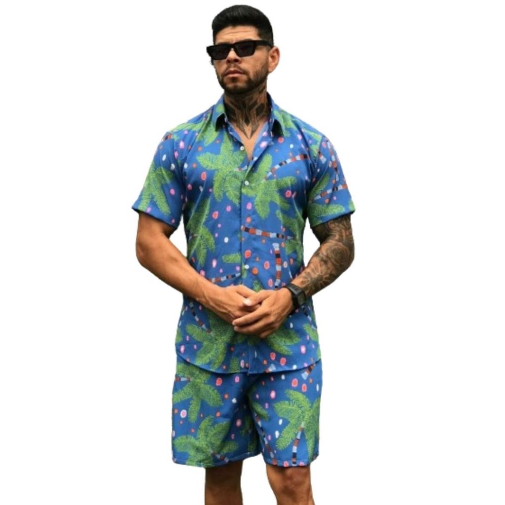 Conjunto Camisa Short Florido Havaiano Estampado  Adulto Masculino Tecido de Viscolinho com elastano