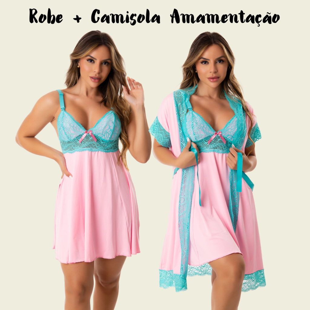Kit Robe e Camisola Amamentação Pós Parto Bicolor Com Renda de Dormir Maternidade Gestante em Oferta na Shopee