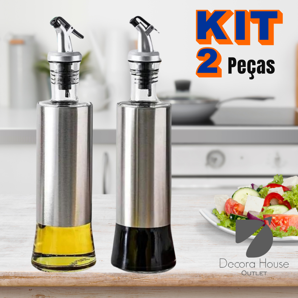 Kit Galheteiro 500ml Porta Azeite e Vinagre de Vidro Premium e Aço Inox com Dosador 500ml